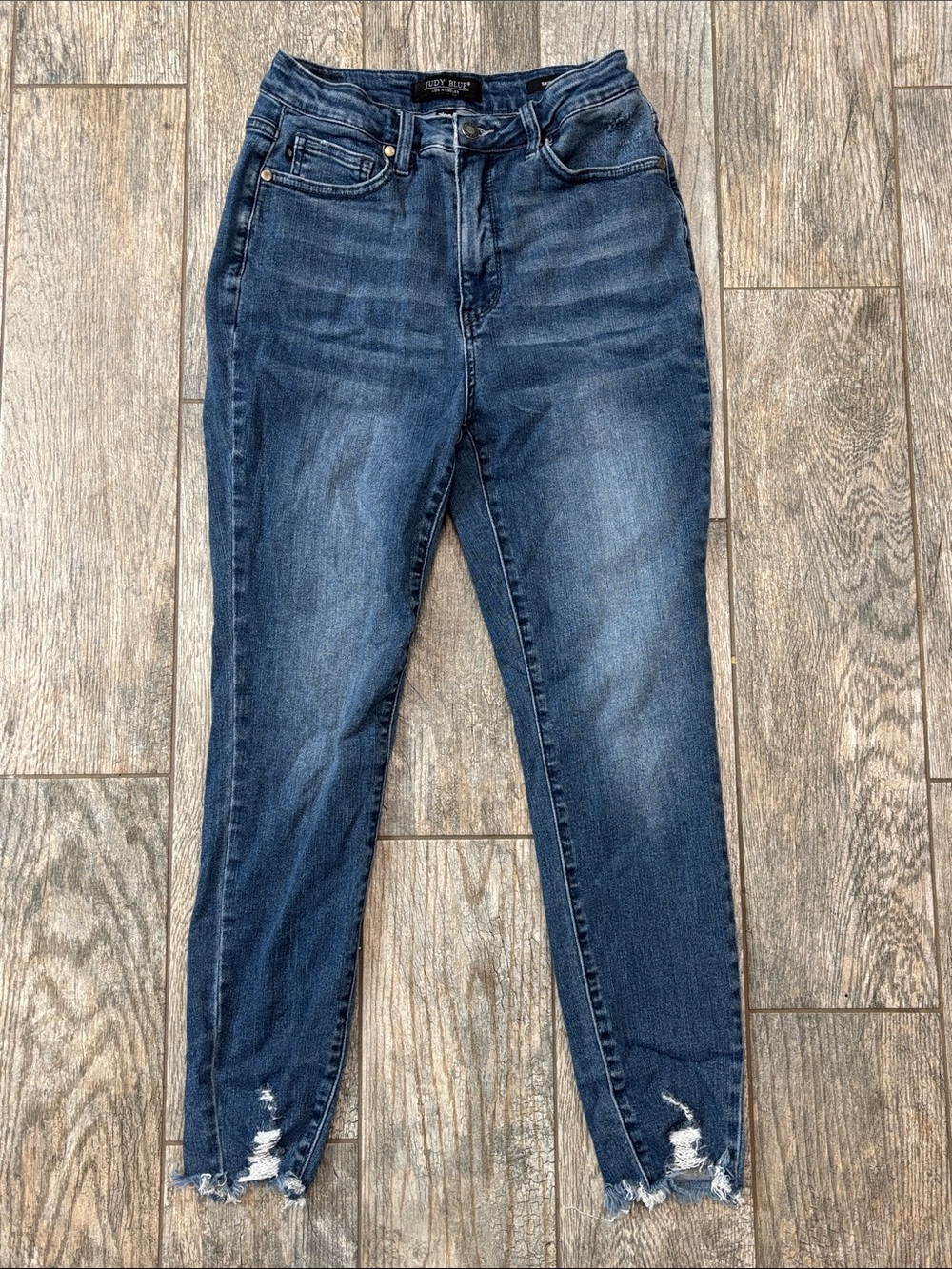 Judy Blue Dark Blue High-Rise Skinny Jeans with Distressed Hem